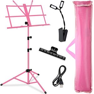 Music Stand, Kasonic Professional Stage Folding Sheet Music Stands; Height Adjustable, Lightweight & Portable, Pink Color with Carrying Bag/LED light/Music Sheet Clip, for Instrumental Performance