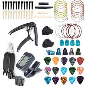 FethFire 75 PCS Guitar Accessories Kit Including Guitar Picks,Tuner,Capo,3 in 1String Winder,Acoustic Guitar Strings,Bridge Pins,Pick Holder,6 String Bone Bridge Saddle and Nut,Finger Picks for Beginn