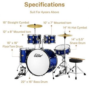 Eastar 22 Inch Full-Size Drum Set for Beginners & Intermediates - Complete 5 Piece Kit with Cymbals, Stands, Stool & Sticks in Metallic Blue - Image 5