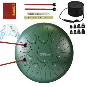 ZHRUNS Steel Tongue Drum 11 Notes 10 inches Percussion Instrument with Travel Bag and Mallets, Music Book, Finger Picks(11 Note, green)