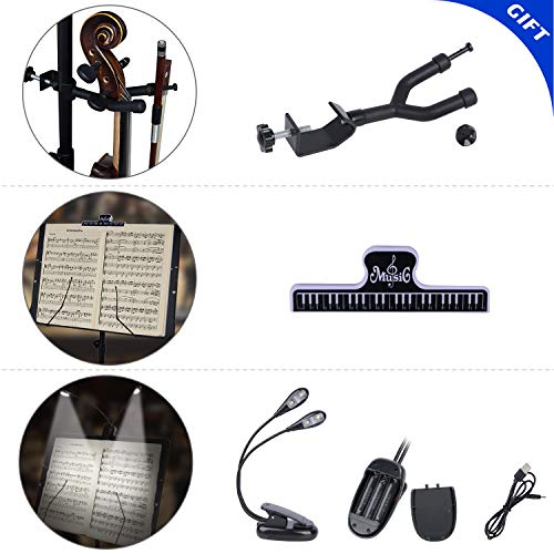 Klvied Folding Music Stand with Violin Hanger – Adjustable, Portable Sheet Music Stand with LED Light & Travel Case