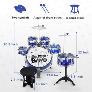Reditmo Kids Jazz Drum Set, 6 Drums, 2 Cymbals, Chair, Kick Pedal, 2 Drumsticks, Stool - Image 2