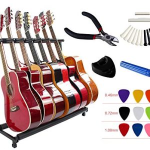 YMC Folding Multiple Guitar Stand for Acoustic Electric Guitar Bass Rack Band Stage,Includes Picks,Pick Holder,String Winder,Bridge Pins,Nut Saddle,String Cutting Plier -7 Holder