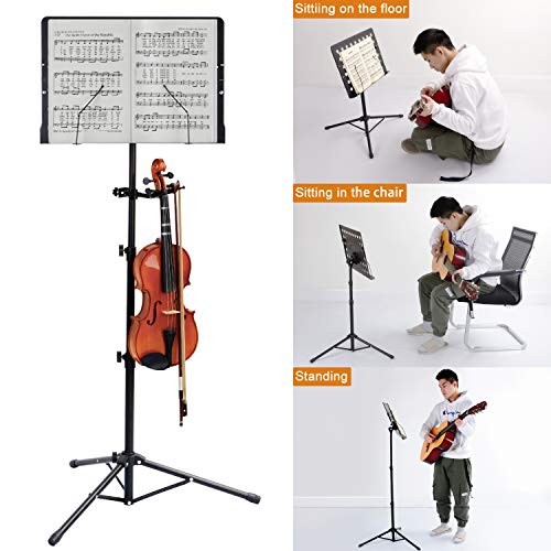 Klvied Folding Music Stand with Violin Hanger – Adjustable, Portable Sheet Music Stand with LED Light & Travel Case