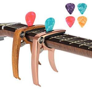 SUNJOYCO 3 in 1 Zinc Metal Guitar Capo and Rosewood Color Capo(with Pick Holder and 6 Picks) for Acoustic Guitar, Electric Guitar, Ukulele, Bass, Banjo, Mandolin