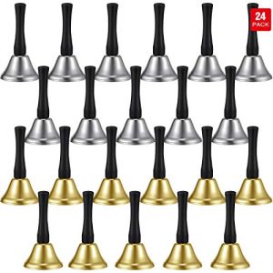 24 Pieces Hand Bells Silver Steel Service Handbells Black Wooden Handle Diatonic Metal Bells Musical Percussion (Nickel White and Gold)