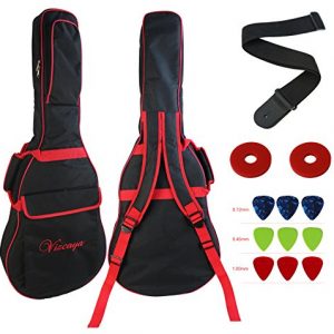 Vizcaya 41 Inch Waterproof Dual Adjustable Shoulder Strap Acoustic Guitar Gig Bag 15mm Padding Backpack with Accessories(Adult Guitar Strap,Picks,Strap Lock) -Black with Red Edge