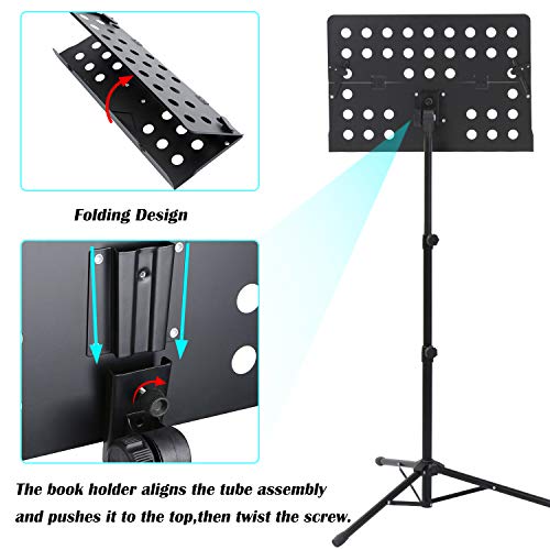 Klvied Folding Music Stand with Violin Hanger – Adjustable, Portable Sheet Music Stand with LED Light & Travel Case