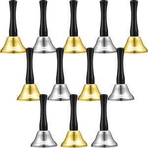 12 Pieces Metal Hand Bells Call Bell Service Hand Bells Black Wooden Handle Handbells Metal Handbells Musical Percussion for Schools (Silver and Gold)