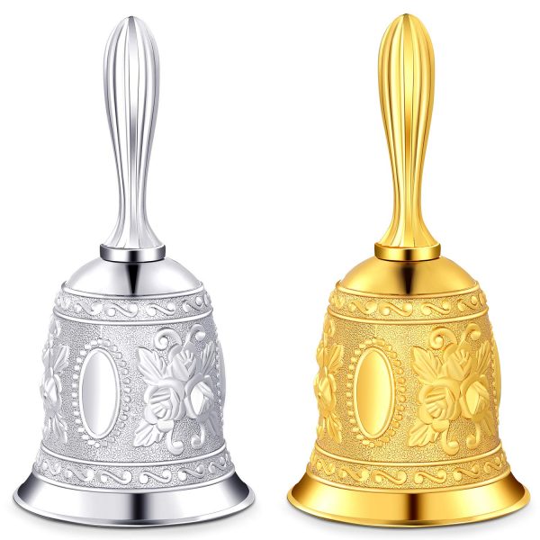 2 Pieces Hand Bell Call Vintage Hand Held Bell Service Call Bell Multi-Purpose Metal Bell for Dinner, Tea Time, Wedding Party