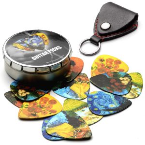 Van Gogh 12 Pack Guitar Picks with 100% Leather Picks Holder - Celluloid Medium Plectrums Unique Gifts For Guitarist