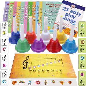 8 Diatonic Color-Coded Hand Bells with Sheet Music Book, Stickers, Musical Dominoes for Children, Adult, Seniors