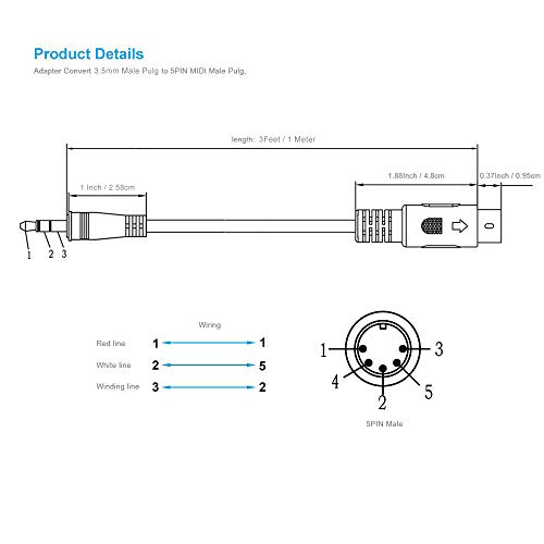 MOBOREST 3.5mm(1/8inch) TRS to 5-Pin DIN MIDI Cable Adapter Connect