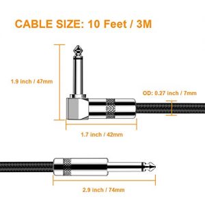 Guitar Cable 10FT Right Angle 1/4 Inch TS to Straight 1/4 Inch - Image 2