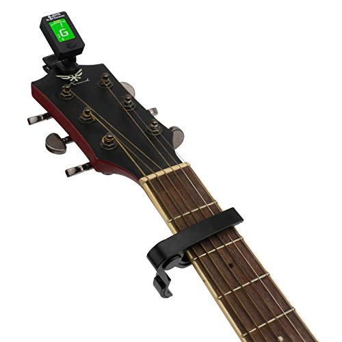 Clip-On Digital Guitar Tuner with LCD Display – Accurate Tuning for Guitar, Bass, Ukulele & Violin (Includes Capo & 3 Picks)
