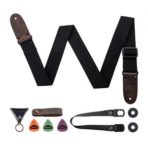 M33 Cotton Black Guitar Strap set for Acoustic, Electric and Bass Guitar - 2 Inch Wide Guitar Belt Accessories Includes Button 2 Locks and 3 Picks Keychain