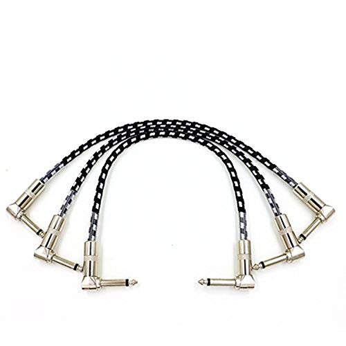3 Piece 1 Feet Guitar Patch Cable for Pedal Board Effects with 1/4" Right Angle Plugs, Black and White Tweed Woven Jacket