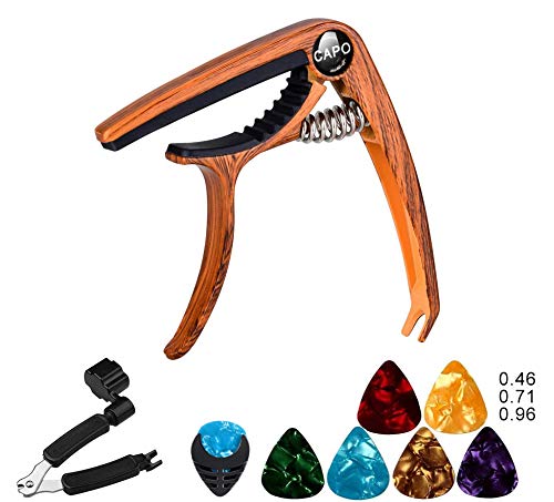 Guitar Capo for Acoustic and Electric Guitars Quick Change Grain Clamp Dark Wood （gift：Guitar Pick & String Winder ）
