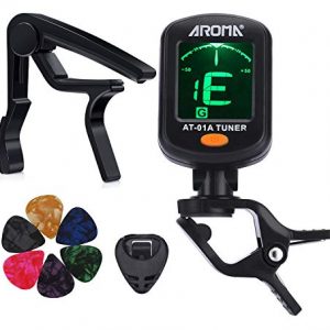 MOREYES Tuner Clip on Chromatic, Guitar, Bass, Violin, Ukulele Include Guitar Capo and Picks and Holder (Tuner+Capo)