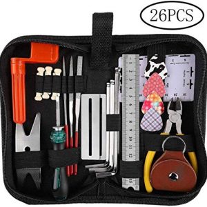 Guitar Repairing Tool Kit(26PCS) Wire Plier,String Organizer,Fingerboard Protector,Hex Wrenches, Files, String Ruler Action Ruler, Spanner Wrench,Bridge Pins for Guitar Ukulele Bass Mandolin (26 PCS)