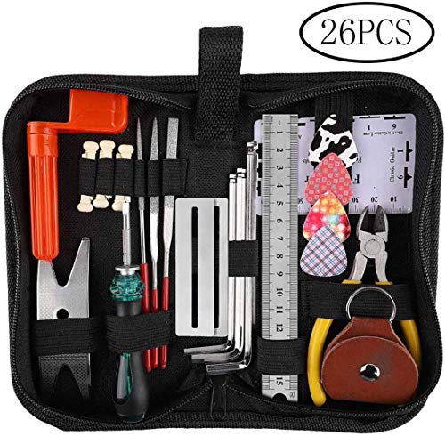 Guitar Repairing Tool Kit(26PCS) Wire Plier,String Organizer,Fingerboard Protector,Hex Wrenches, Files, String Ruler Action Ruler, Spanner Wrench,Bridge Pins for Guitar Ukulele Bass Mandolin (26 PCS)