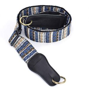 CLOUDMUSIC Banjo Strap Jacquard Woven With Leather Ends And Goden Rings(Blue and White Stripes)