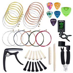 SUNYIN Guitar Strings Replace Tool Kit,3 sets of Acoustic Guitar Strings,Guitar Capo,String Winder,Bridge Pins,Pin Puller,Guitar Bones,Guitar Picks & Holder For Beginner