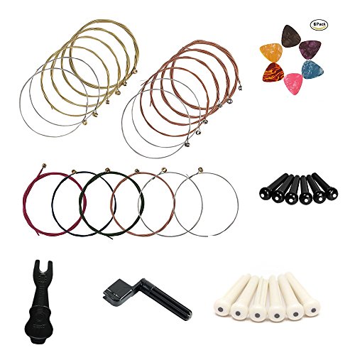 MUKEZON 3 Sets of 6 Acoustic Guitar Strings Winder, Pin Puller, Plastic Bridge Pins and Guitar Picks (3 sets of strings)