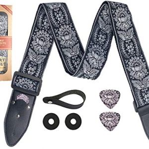 Guitar Strap Royal Black Silver Vintage Woven W/FREE BONUS- 2 Picks + Strap Locks + Strap Button. For Bass, Electric & Acoustic Guitars. an Awesome Gift for Men & Women Guitarists