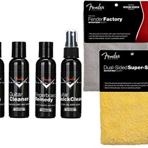 Fender 6-Piece Guitar Care Kit with Custom Shop Deluxe Guitar Care System 4 Pack, Super-Soft Dual-Sided Microfiber Cloth, Fender Factory Microfiber Cloth