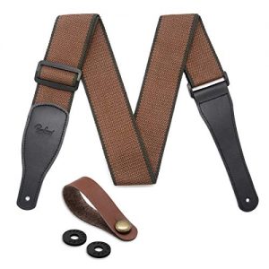 Guitar Strap 100% Soft Cotton & Genuine Leather Ends Guitar Shoulder Strap With Guitar Strap Lock and Button Headstock Adaptor (Coffee)
