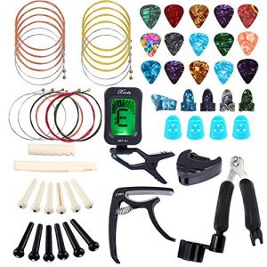 Bosunny 60 PCS Guitar Accessories Kit Including Guitar Picks,Capo,Tuner,Acoustic Guitar Strings,3 in 1String Winder,Bridge Pins,6 String Bone Bridge Saddle and Nut,Finger Picks for Beginner