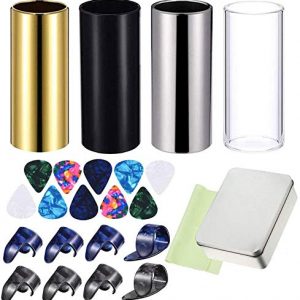 24 Pieces Medium Guitar Slides kits，4 Pieces Medium Guitar Slides(Include 3 Colors Stainless Steel, 1 Pieces Glass), 10 Pieces Guitar Picks,cleaning cloth and 8 Pieces Plastic Thumb & Finger Picks
