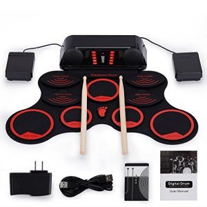 Roll-Up Drum Kit Portable Electronic Drum Set with Rechargeable Battery Foot Pedals Drumsticks Built in Loud Speakers Christmas Present