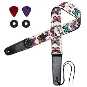 Eyeshot Guitar Strap Adjustable Denim Print Guitar Strap with Genuine Leather End, Acoustic Electric Bass Soft Cotton Guitar Strap with Strap Locks & Strap Picks