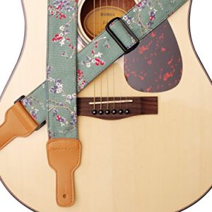 MUSIC FIRST Original Design, 2 inch width (5cm), Vintage Style “Plum Flowers” Soft Cotton & Genuine Leather Guitar Strap, Ukulele Strap, Mandolin Strap