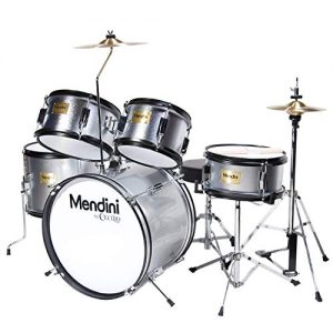 Mendini by Cecilio 16 inch 5-Piece Complete Kids/Junior Drum Set with Adjustable Throne, Cymbal, Pedal & Drumsticks, Metallic Silver, MJDS-5-SR