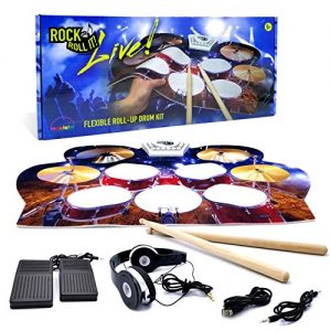 Rock And Roll It - Drum Live! Flexible, Completely Portable, battery OR USB powered drum that gives you the view of being on stage. Headphones + 2 Drum Sticks + Bass Drum & Hi hat pedals included!