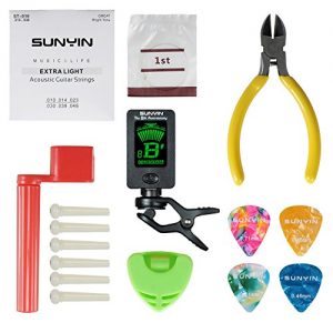 SUNYIN Acoustic Guitar Tool Kit for Beginner with Guitar Strings Winder Guitar Tuner Cutter Bridge Pins Picks & Pick Holder,Guitar Accessories Set for Change the String-ordinary