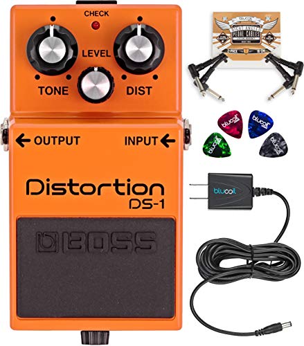 BOSS DS-1 Distortion Pedal Bundle with Blucoil Slim 9V 670mA Power Supply AC Adapter, 2-Pack of Pedal Patch Cables, and 4-Pack of Celluloid Guitar Picks