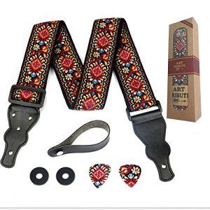 Guitar Strap Embroidered Red Vintage Woven W/FREE BONUS- 2 Picks + Strap Locks + Strap Button. For Bass, Electric & Acoustic Guitars. an Awesome Gift for Men & Women Guitarists
