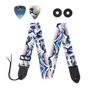 Guitar Strap,Qielizi Guitar Strap with Leather End Length Adjustable 2 Pick Holders & 2 Matching Picks For Electric Guitar, Acoustic Guitar and Bass - Unique Gift For Guitarist(Huge Wave)