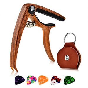 Guitar Capo for Acoustic and Classical Guitar 6/12 String, Ukulele Bass Mandolin Banjo with Picks and Picks Holder - Wood Grain
