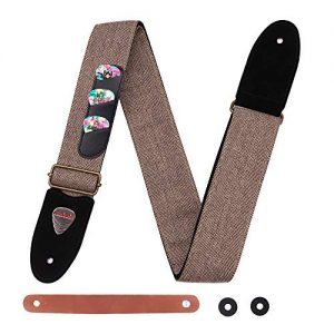 Guitar Strap 100% Soft Cotton Genuine Leather Ends Strap with Pick Pocket, 3 Picks Included for Acoustic Guitar, Electric Guitar, Bass, Banjos (Brown)