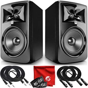 JBL Professional 308P MkII Next-Generation 8-Inch 2-Way Powered Studio Monitor Pair Bundle with 2x Mophead 10-Foot TRS Cable, 2x 10-Foot XLR Cable, 2x Cable Ties and Microfiber Cloth