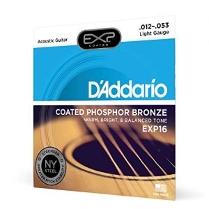 D’Addario EXP16 Coated Phosphor Bronze Acoustic Guitar Strings, Light, 12-53 – Offers a Warm, Bright and Well-Balanced Acoustic Tone and 4x Longer Life - With NY Steel for Strength and Pitch Stability