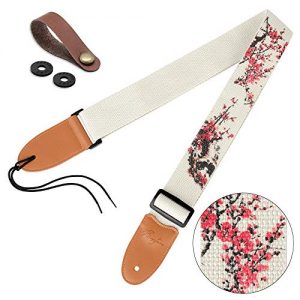 Guitar Strap Vintage Tweed 100% Cotton & Leather Ends Shoulder Strap For Bass, Electric & Acoustic Guitars (Plum Blossoms)