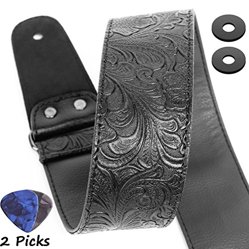 Guitar Strap, Printed Leather Guitar Strap PU Leather Western Vintage 60's Retro Guitar Strap with Genuine Leather Ends for Electric Bass Guitar,Wide Adjustment Range, with Tie,Include 2 Picks,Black