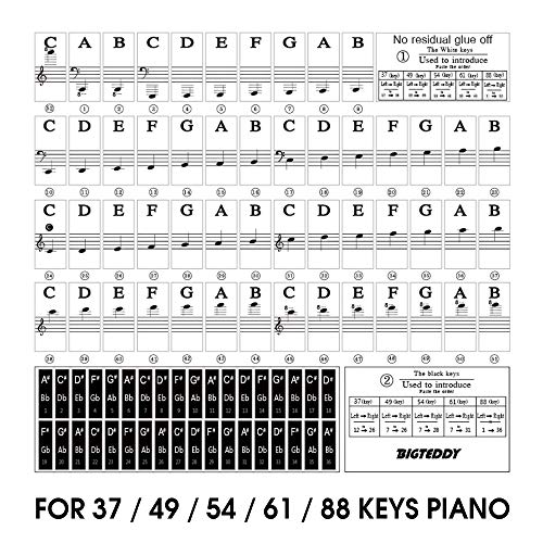 BIGTEDDY - Piano Stickers for 37/49/54/61/88 Key Keyboards - Tranparent Removable Labels for Kids Beginner Learning Music Note Suitable all Brands