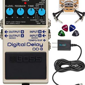 BOSS DD-8 Digital Delay Guitar Effects Pedal Bundle with Blucoil Slim 9V Power Supply AC Adapter, 2-Pack of Pedal Patch Cables, and 4-Pack of Celluloid Guitar Picks